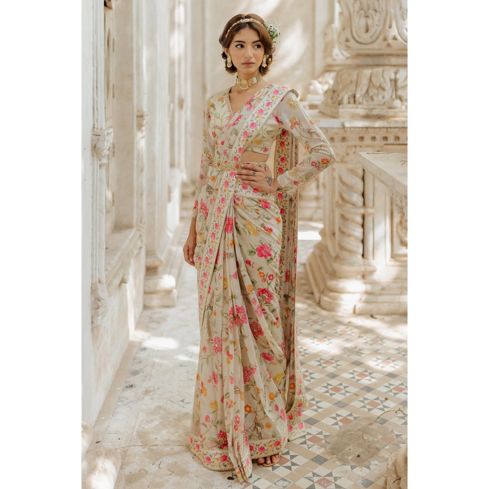 Paulmi & Harsh Amaal Off White Pre-Draped Saree with Stitched Blouse and Belt