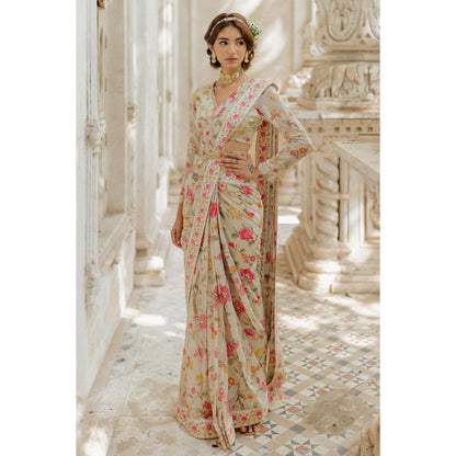 Paulmi & Harsh Amaal Off White Pre-Draped Saree with Stitched Blouse and Belt