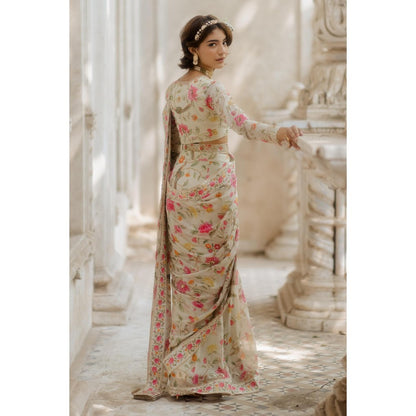 Paulmi & Harsh Amaal Off White Pre-Draped Saree with Stitched Blouse and Belt