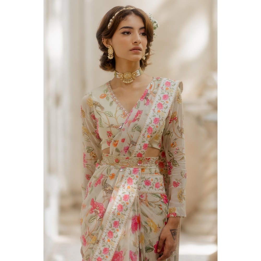 Paulmi & Harsh Amaal Off White Pre-Draped Saree with Stitched Blouse and Belt