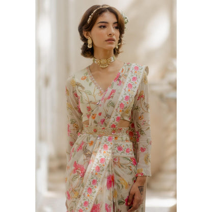 Paulmi & Harsh Amaal Off White Pre-Draped Saree with Stitched Blouse and Belt
