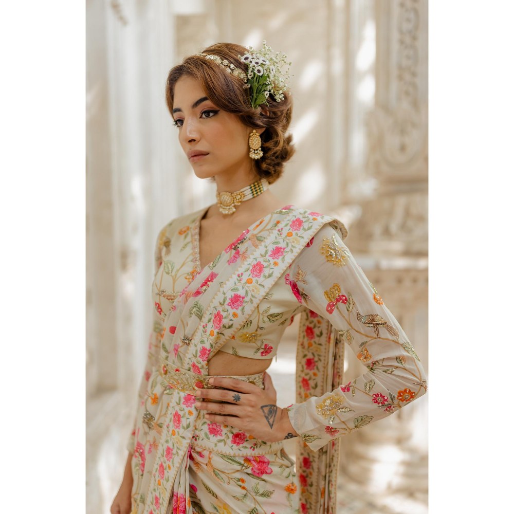 Paulmi & Harsh Amaal Off White Pre-Draped Saree with Stitched Blouse and Belt
