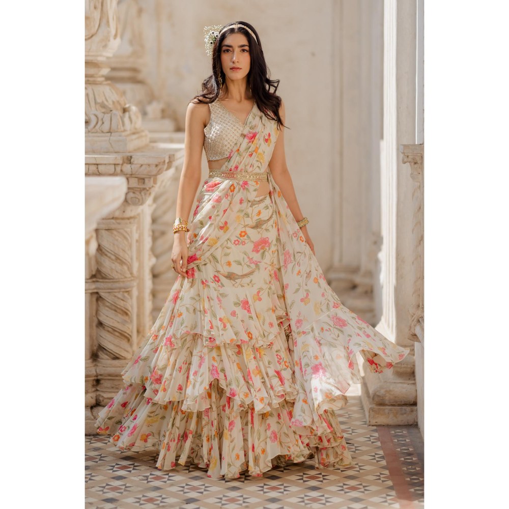 Paulmi & Harsh Isra Off White Pre-Draped Saree with Stitched Blouse