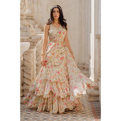 Paulmi & Harsh Isra Off White Pre-Draped Saree with Stitched Blouse