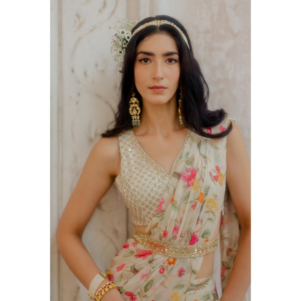 Paulmi & Harsh Isra Off White Pre-Draped Saree with Stitched Blouse