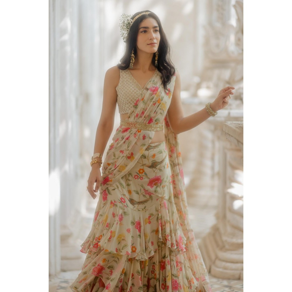 Paulmi & Harsh Isra Off White Pre-Draped Saree with Stitched Blouse