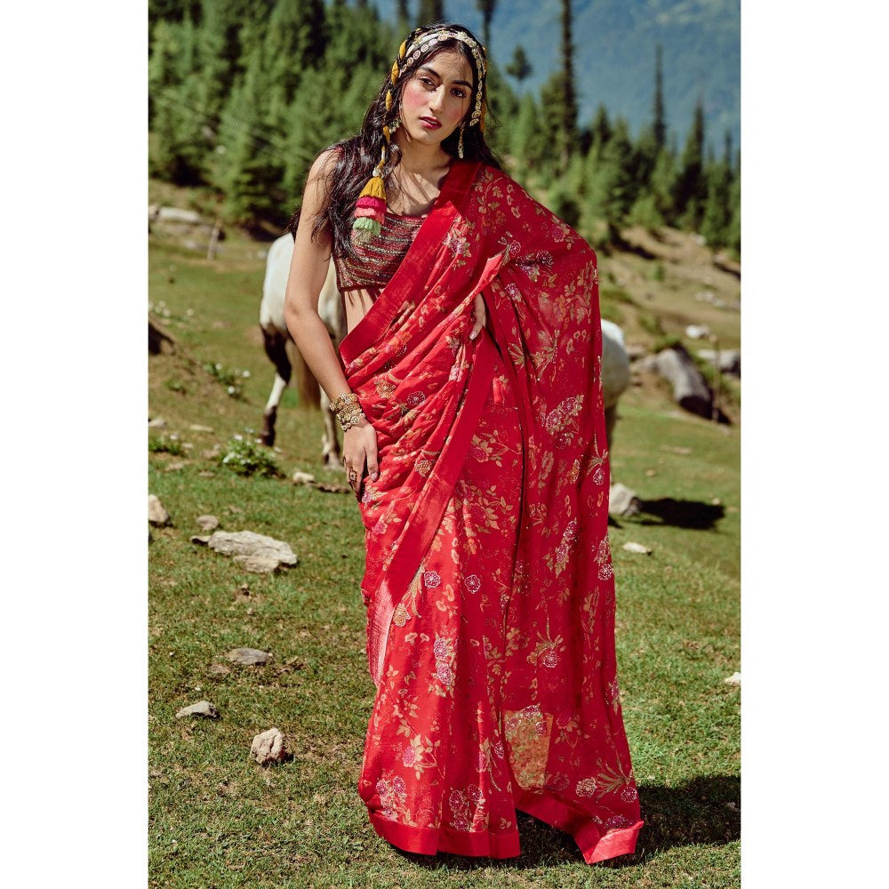 Paulmi & Harsh Garnet Red Saree with Stitched Blouse and Petticoat