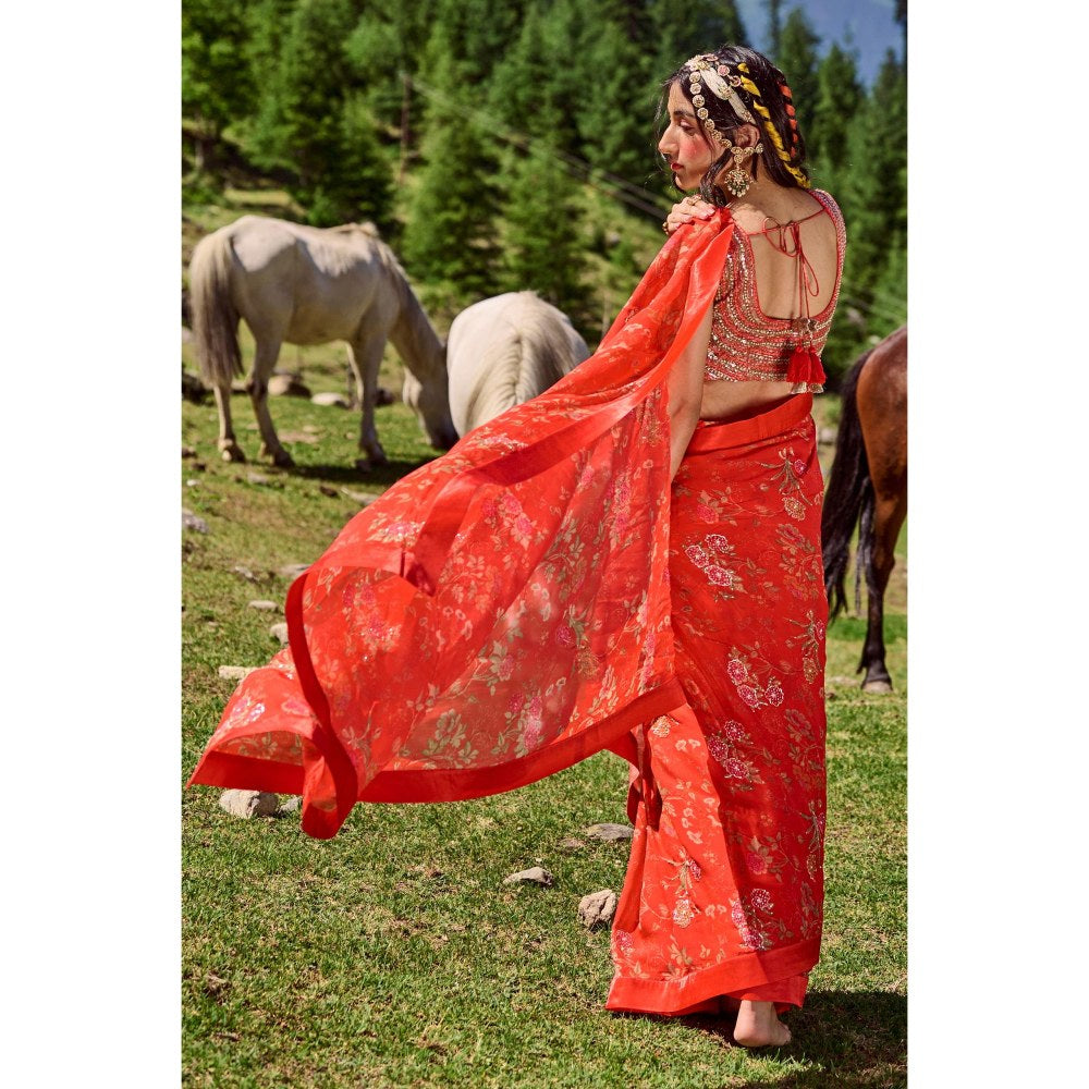 Paulmi & Harsh Garnet Red Saree with Stitched Blouse and Petticoat