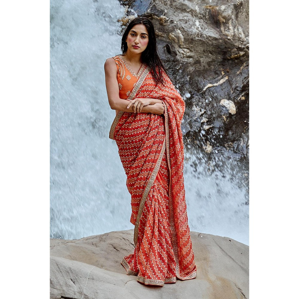 Paulmi & Harsh Narcissa Orange Saree with Stitched Blouse and Petticoat