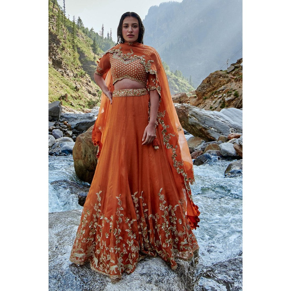 Paulmi & Harsh Nigella Orange Stitched Blouse with Lehenga and Dupatta