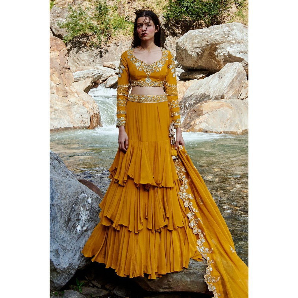 Paulmi & Harsh Fiorella Mustard Lehenga with Stitched Blouse and Dupatta