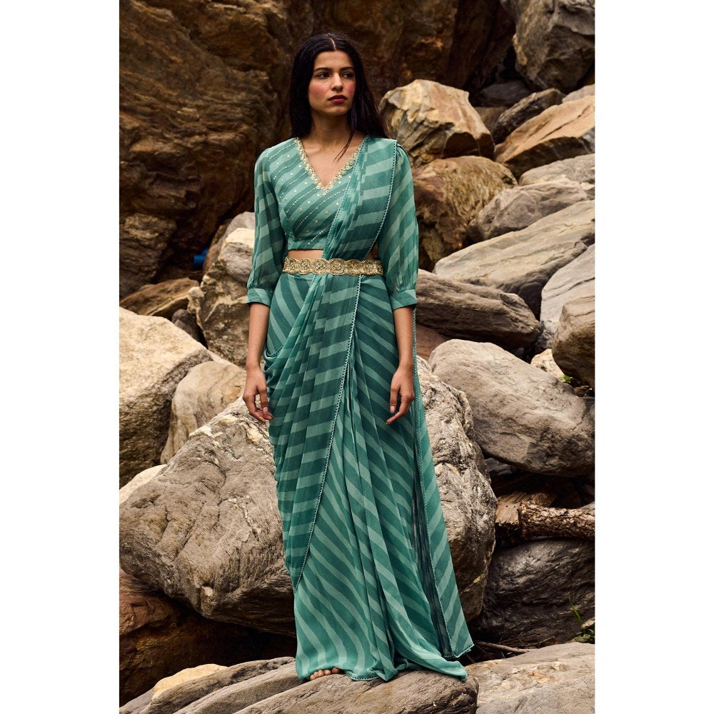 Paulmi & Harsh Hilaria Blue Pre-Draped Saree with Stitched Blouse and Belt
