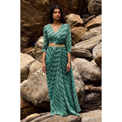 Paulmi & Harsh Hilaria Blue Pre-Draped Saree with Stitched Blouse and Belt