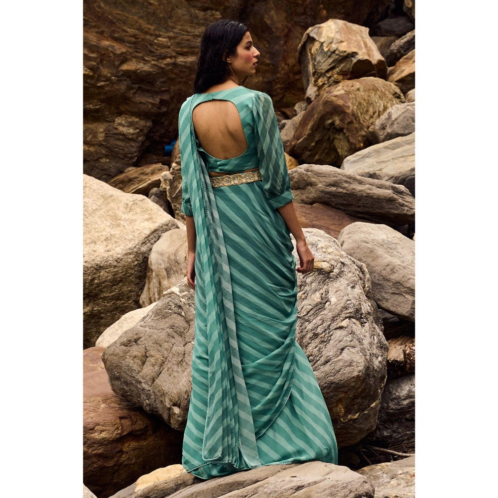 Paulmi & Harsh Hilaria Blue Pre-Draped Saree with Stitched Blouse and Belt