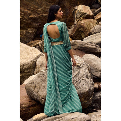 Paulmi & Harsh Hilaria Blue Pre-Draped Saree with Stitched Blouse and Belt