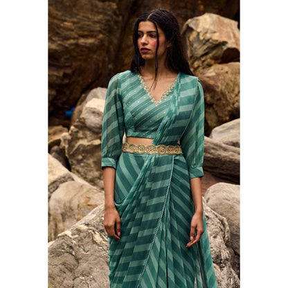 Paulmi & Harsh Hilaria Blue Pre-Draped Saree with Stitched Blouse and Belt