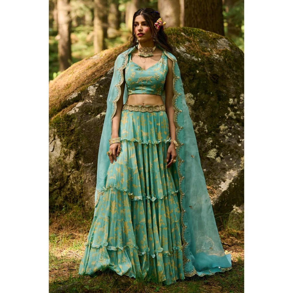 Paulmi & Harsh Dawn Blue Lehenga with Stitched Blouse and Dupatta