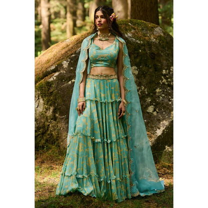 Paulmi & Harsh Dawn Blue Lehenga with Stitched Blouse and Dupatta