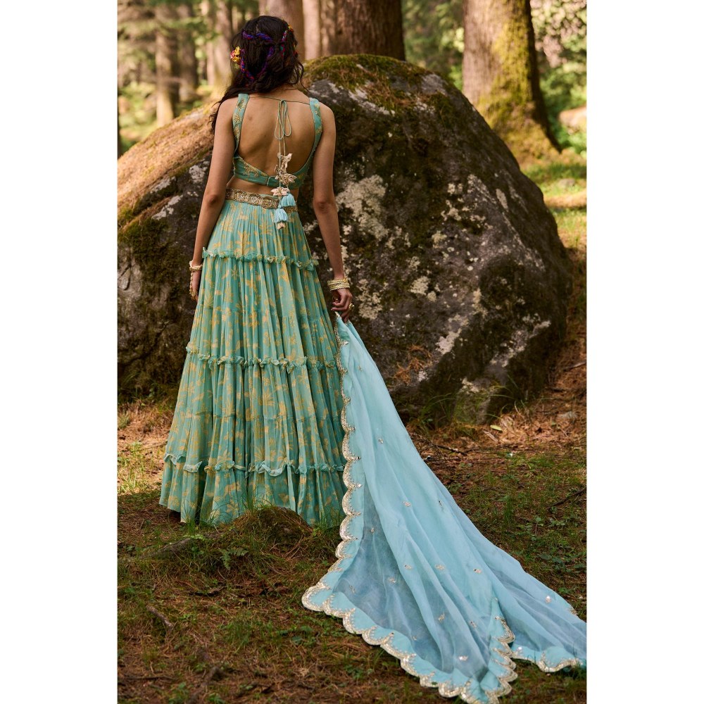 Paulmi & Harsh Dawn Blue Lehenga with Stitched Blouse and Dupatta