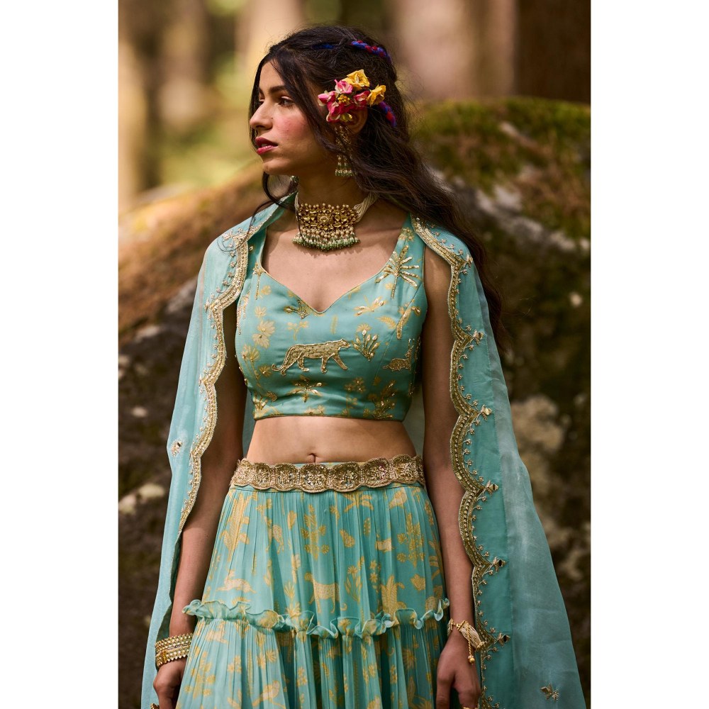 Paulmi & Harsh Dawn Blue Lehenga with Stitched Blouse and Dupatta