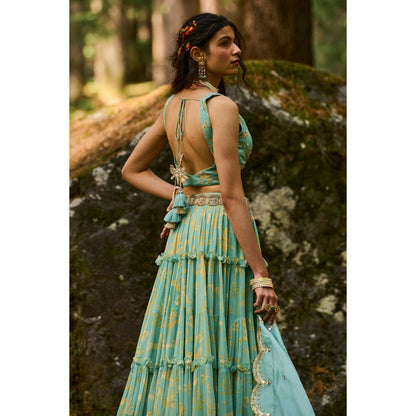 Paulmi & Harsh Dawn Blue Lehenga with Stitched Blouse and Dupatta