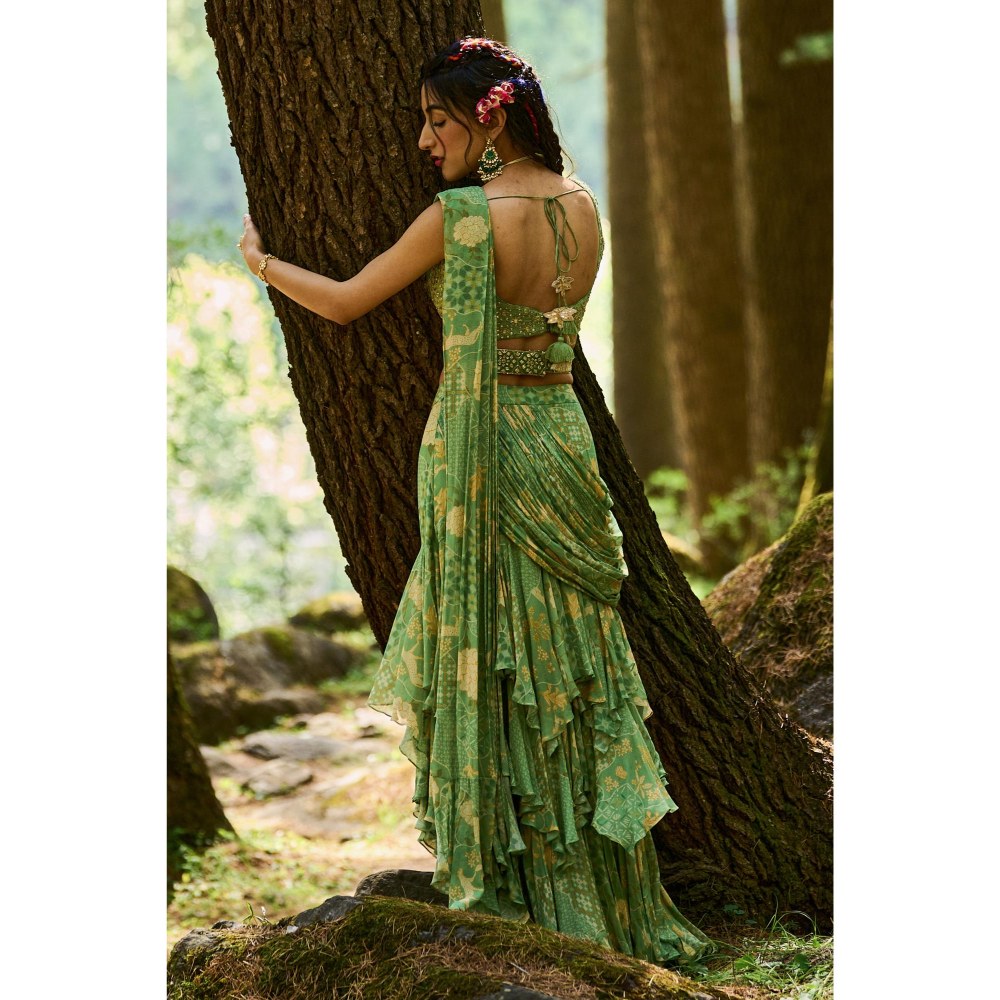 Paulmi & Harsh Malika Green Pre-Draped Saree with Stitched Blouse and Belt