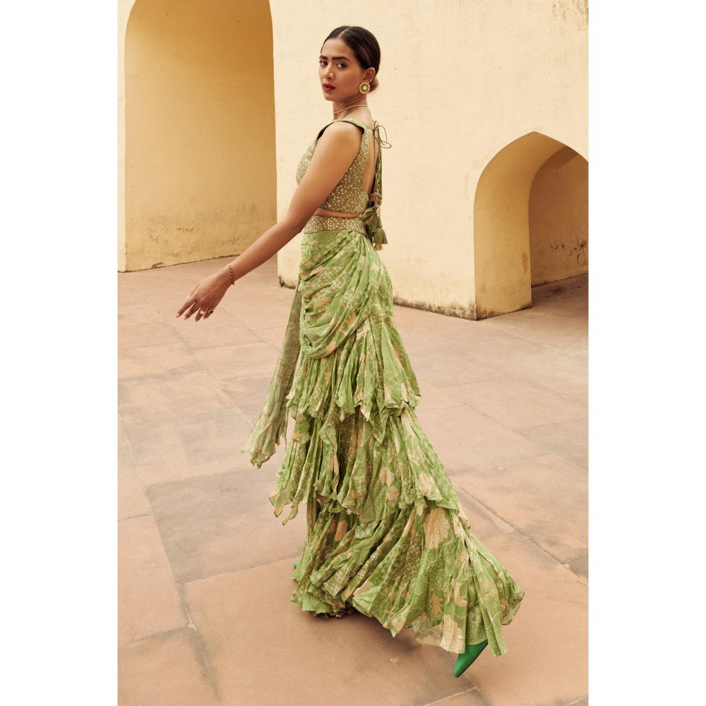 Paulmi & Harsh Malika Green Pre-Draped Saree with Stitched Blouse and Belt