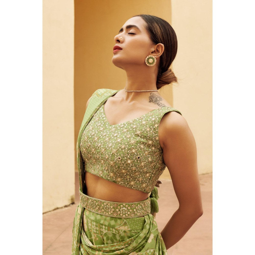 Paulmi & Harsh Malika Green Pre-Draped Saree with Stitched Blouse and Belt