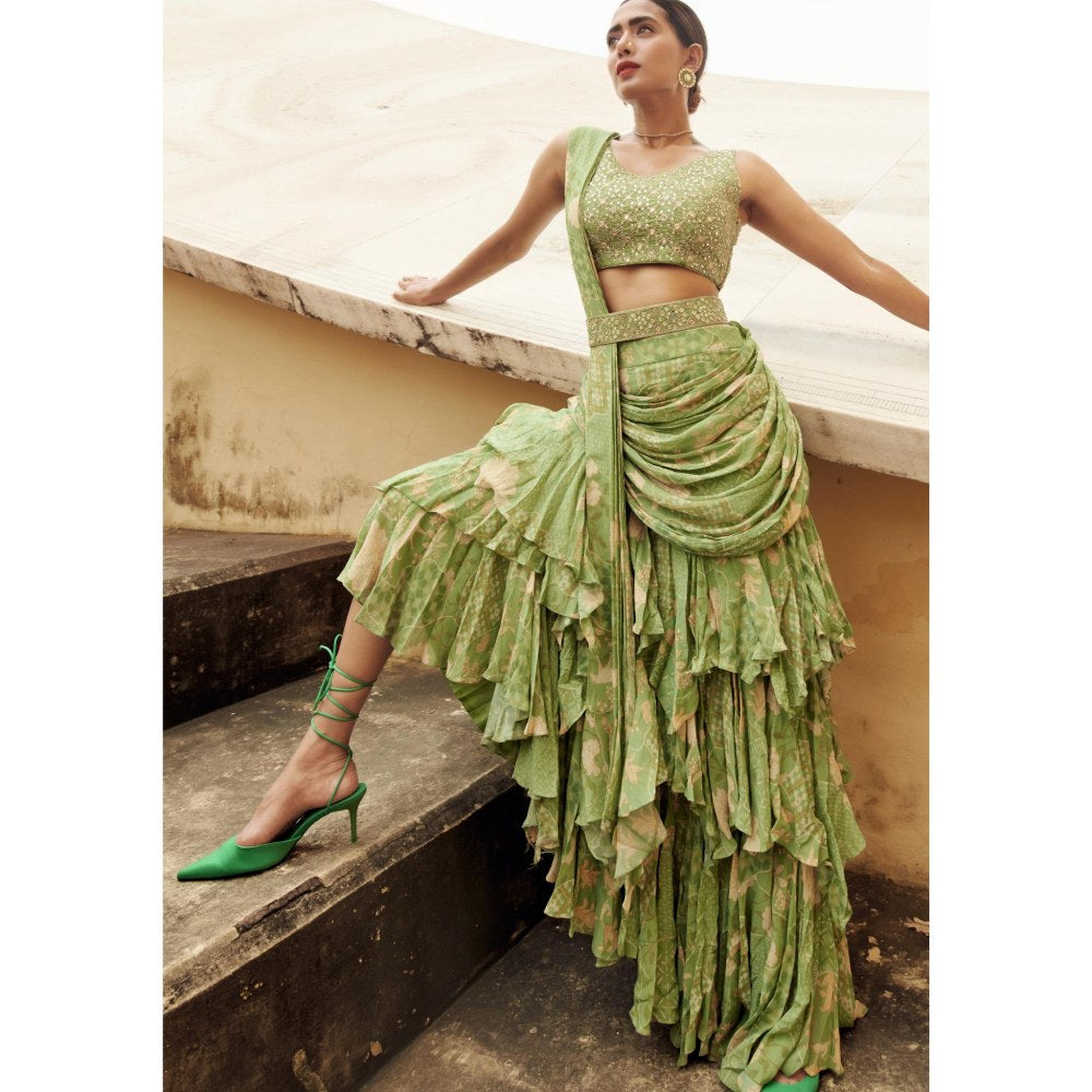 Paulmi & Harsh Malika Green Pre-Draped Saree with Stitched Blouse and Belt
