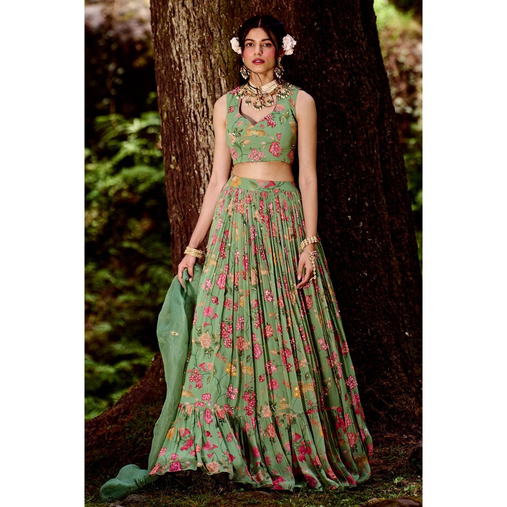 Paulmi & Harsh Soleil Green Lehenga with Stitched Blouse and Dupatta