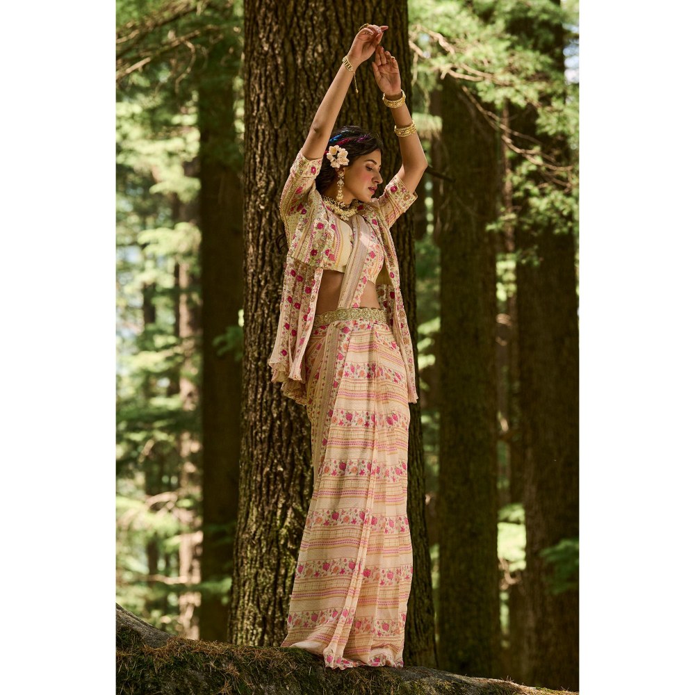 Paulmi & Harsh Leandra Beige Pre-Draped Saree with Stitched Blouse Jacket and Belt