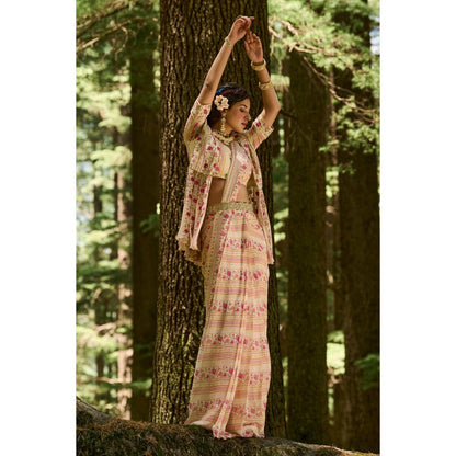 Paulmi & Harsh Leandra Beige Pre-Draped Saree with Stitched Blouse Jacket and Belt
