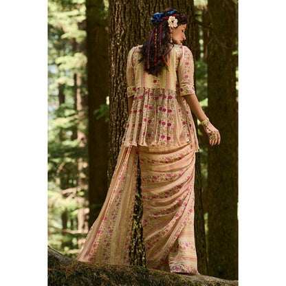 Paulmi & Harsh Leandra Beige Pre-Draped Saree with Stitched Blouse Jacket and Belt