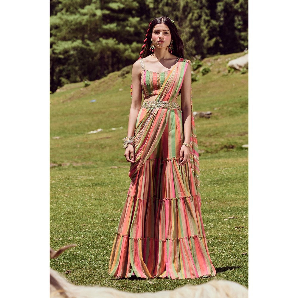 Paulmi & Harsh Cecile Multi-Color Sharara Pre-Draped Saree with Stitched Blouse and Belt