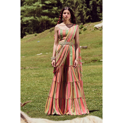Paulmi & Harsh Cecile Multi-Color Sharara Pre-Draped Saree with Stitched Blouse and Belt