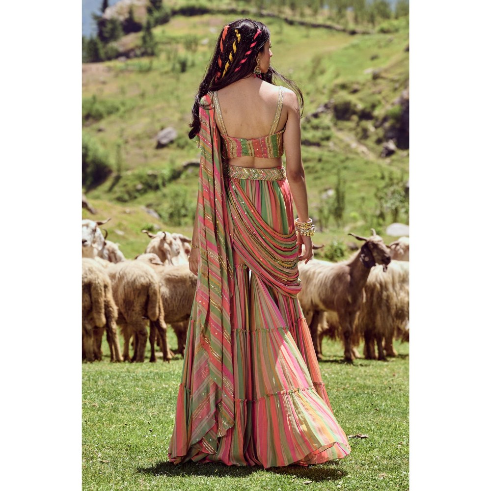 Paulmi & Harsh Cecile Multi-Color Sharara Pre-Draped Saree with Stitched Blouse and Belt
