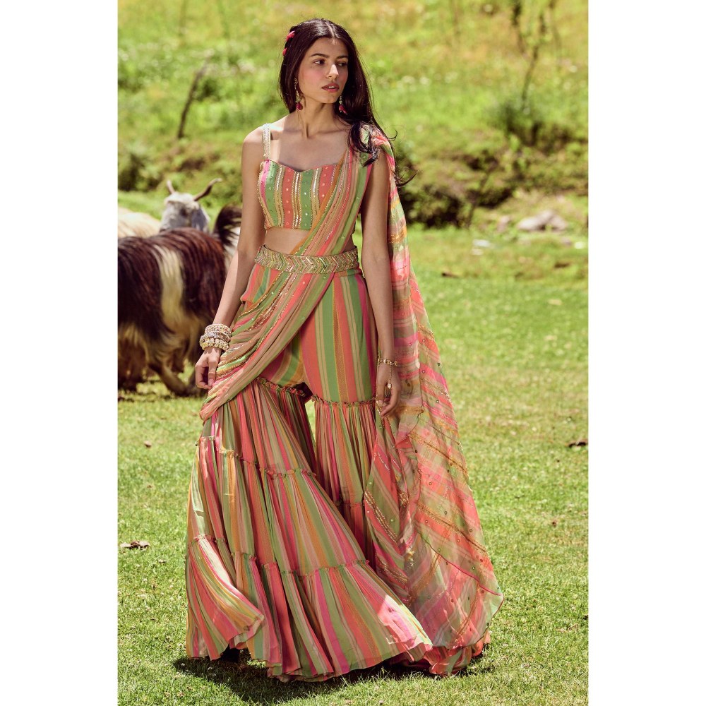 Paulmi & Harsh Cecile Multi-Color Sharara Pre-Draped Saree with Stitched Blouse and Belt