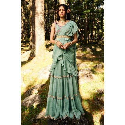 Paulmi & Harsh Minna Blue Pre-Draped Saree with Stitched Blouse and Belt