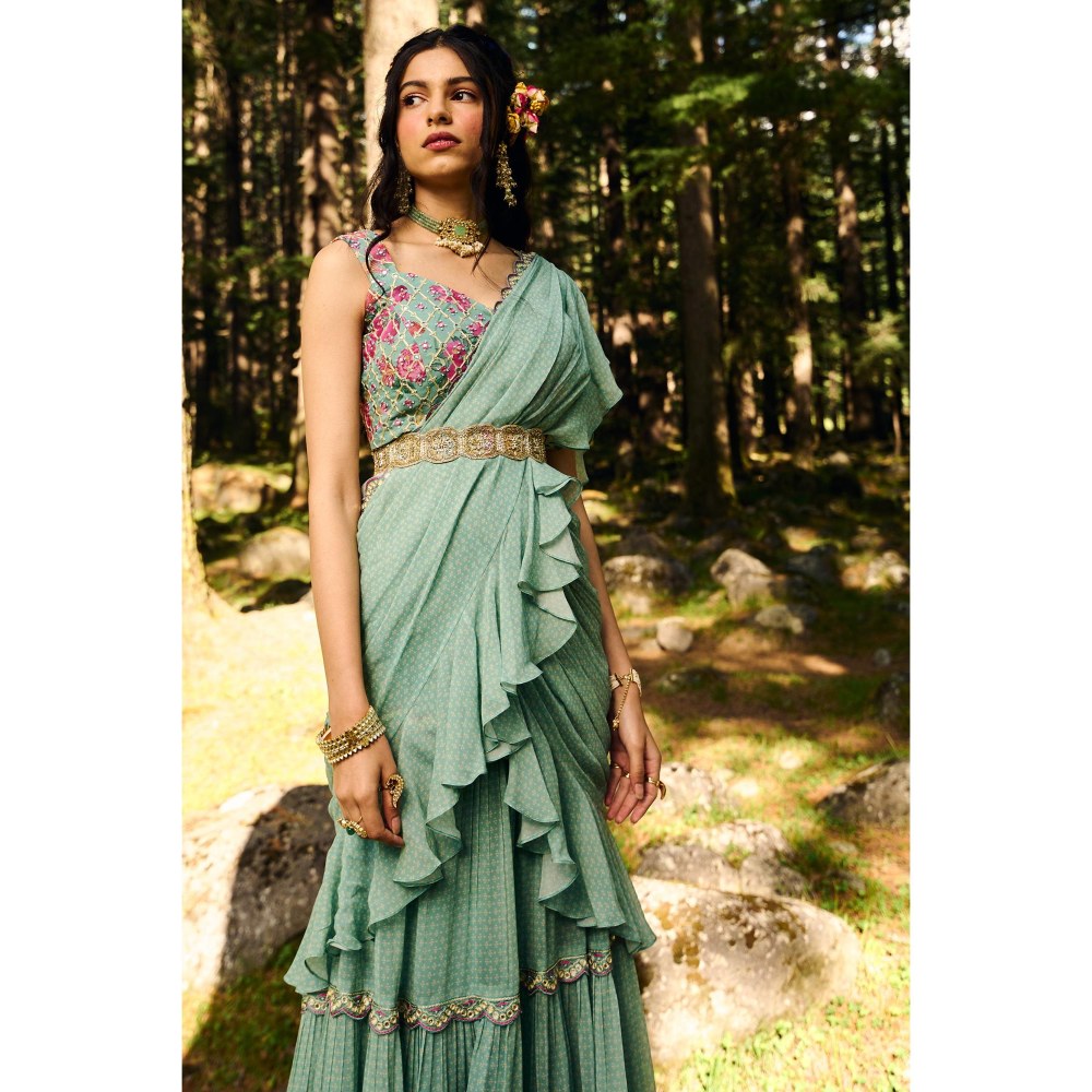 Paulmi & Harsh Minna Blue Pre-Draped Saree with Stitched Blouse and Belt