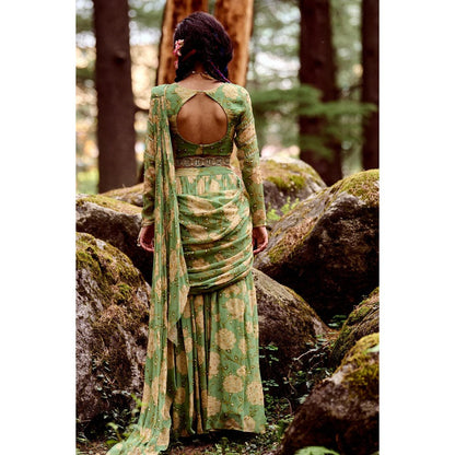 Paulmi & Harsh Fern Green Pre-Draped Saree with Stitched Blouse and Belt