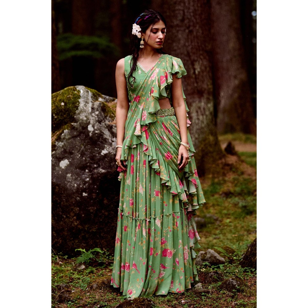 Paulmi & Harsh Orion Green Pre-Draped Saree with Stitched Blouse and Belt