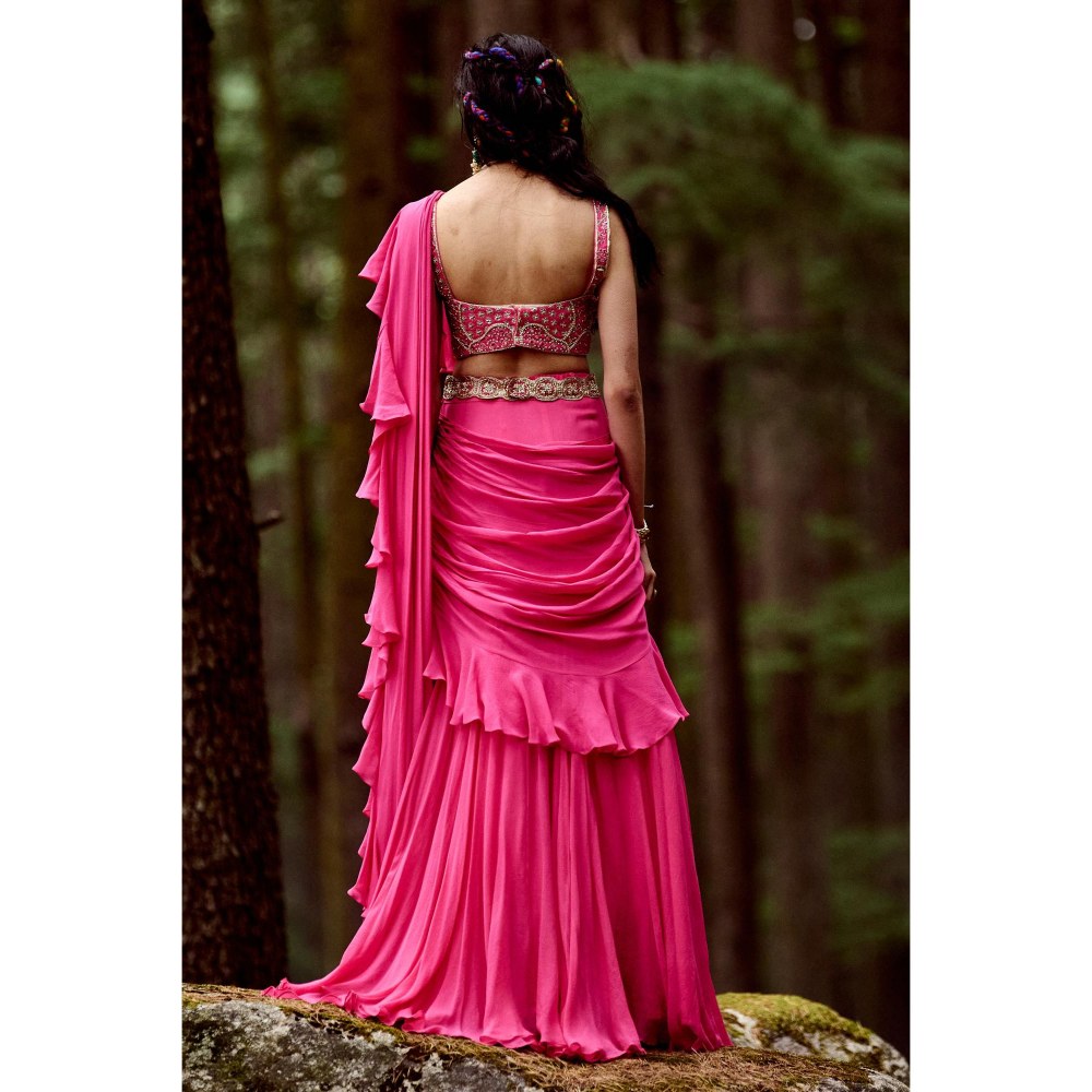 Paulmi & Harsh Naomi Pink Pre-Draped Saree with Stitched Blouse and Belt
