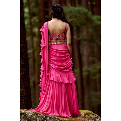 Paulmi & Harsh Naomi Pink Pre-Draped Saree with Stitched Blouse and Belt
