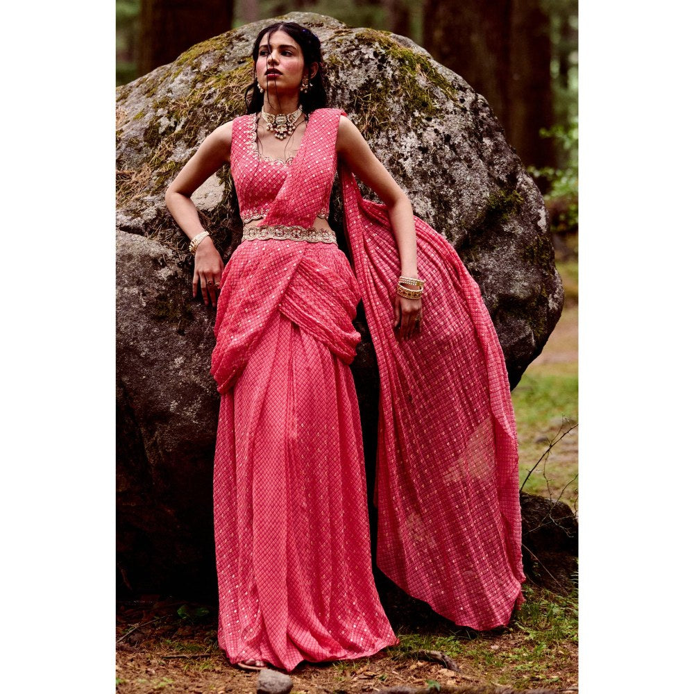Paulmi & Harsh Sabine Pink Pre-Draped Saree with Stitched Blouse and Belt
