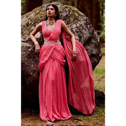 Paulmi & Harsh Sabine Pink Pre-Draped Saree with Stitched Blouse and Belt