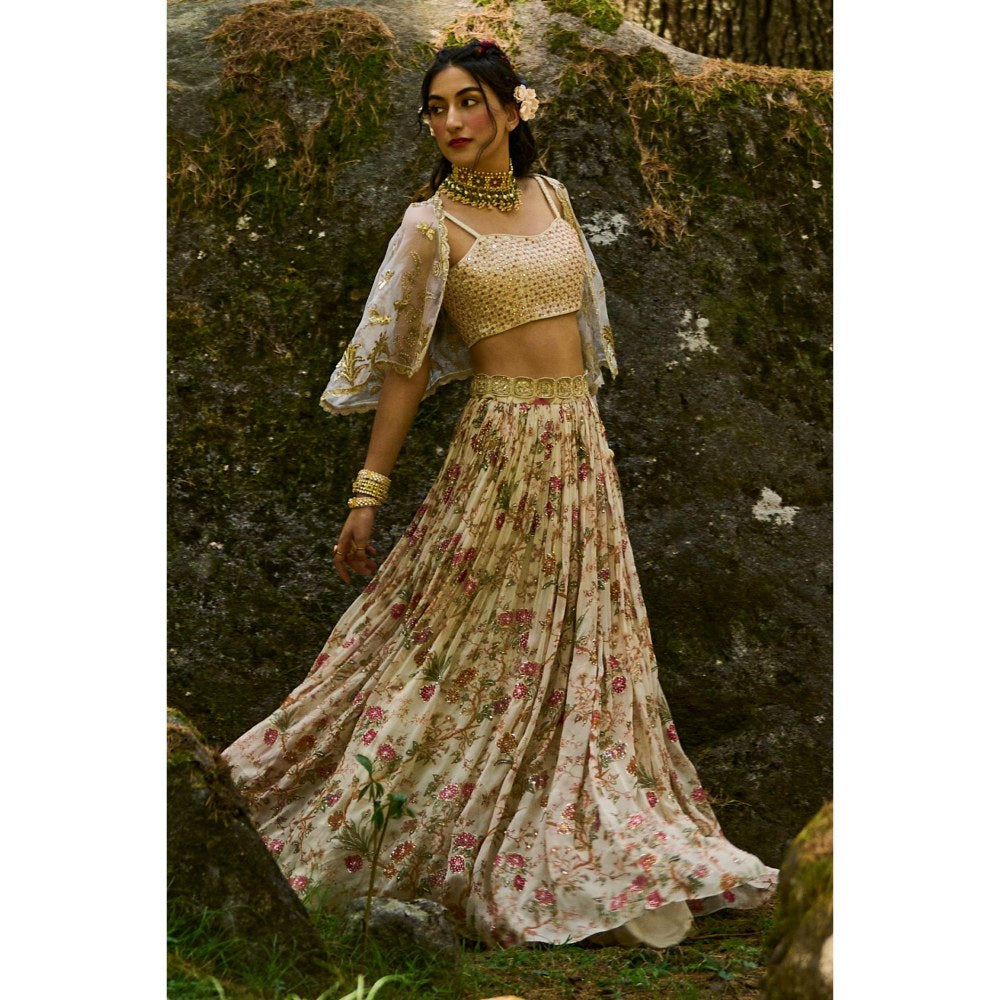 Paulmi & Harsh Anouk Off White Lehenga Stitched Blouse with Cape and Belt
