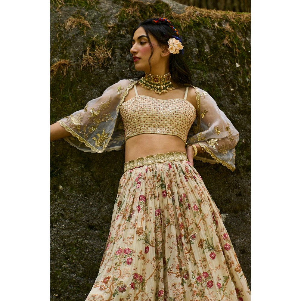 Paulmi & Harsh Anouk Off White Lehenga Stitched Blouse with Cape and Belt