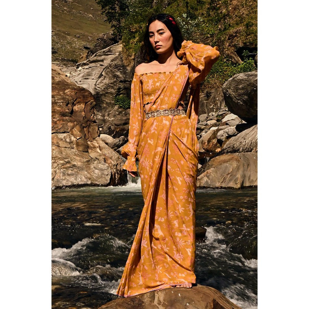 Paulmi & Harsh Ara Yellow Pre-Draped Saree with Stitched Blouse and Belt
