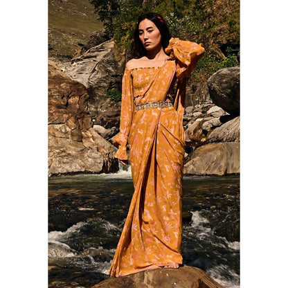 Paulmi & Harsh Ara Yellow Pre-Draped Saree with Stitched Blouse and Belt