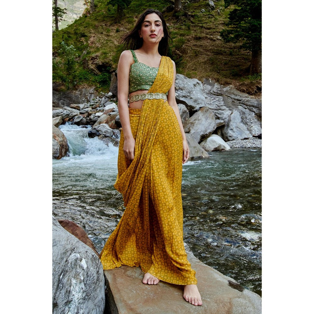 Paulmi & Harsh Dew Yellow Pre-Draped Saree with Stitched Blouse and Belt